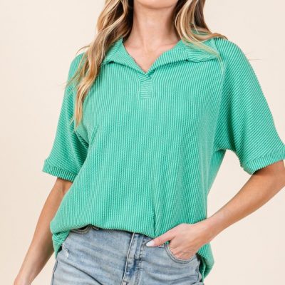 Ribbed Collared Neck Top - Kelly Green