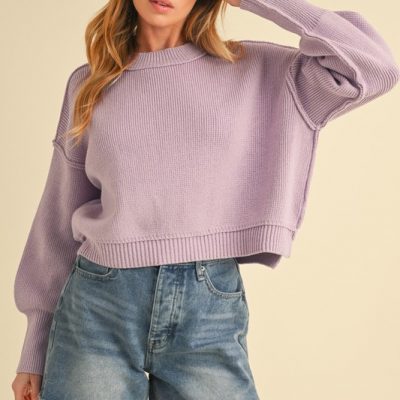 Ribbed Hem Exposed Seam Round Neck Sweater - Lilac