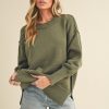 Ribbed Hem Side Slit Round Neck Sweater - Olive