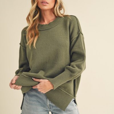 Ribbed Hem Side Slit Round Neck Sweater - Olive