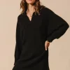 Ribbed Knit Collar Neck Dress - Black