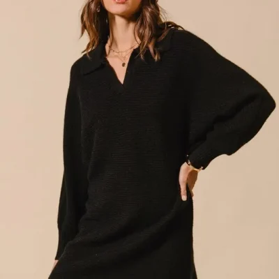 Ribbed Knit Collar Neck Dress - Black