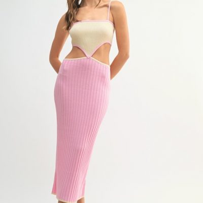Ribbed Knit Color Block Cutout Midi Dress - Candy Pink