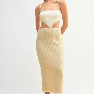 Ribbed Knit Color Block Cutout Midi Dress - Lt Taupe