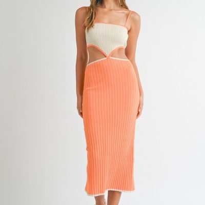 Ribbed Knit Color Block Cutout Midi Dress - Orange