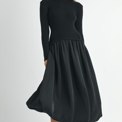 Ribbed Poplin Mix Midi Sweater Dress - Black
