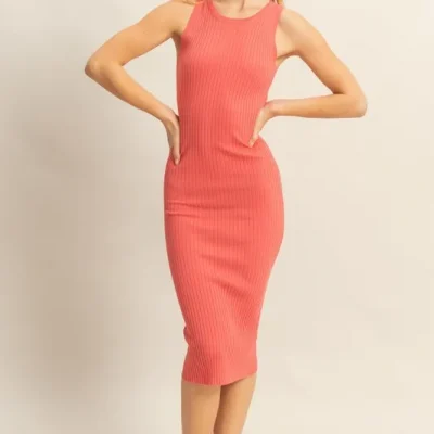 Ribbed Round Neck Sleeveless Knit Midi Dress - Coral