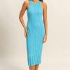 Round Neck Bodycon Ribbed Knit Dress - Blue