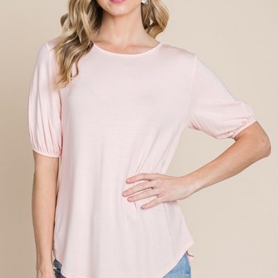 Round Neck Puff Sleeve T-Shirt - Light Pink