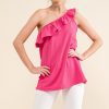 Ruffle One Shoulder Sleeveless Tank Top - Magenta