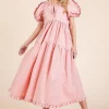 Ruffle Trim Puff Sleeve Tiered Babydoll Midi Dress - Blush Pink