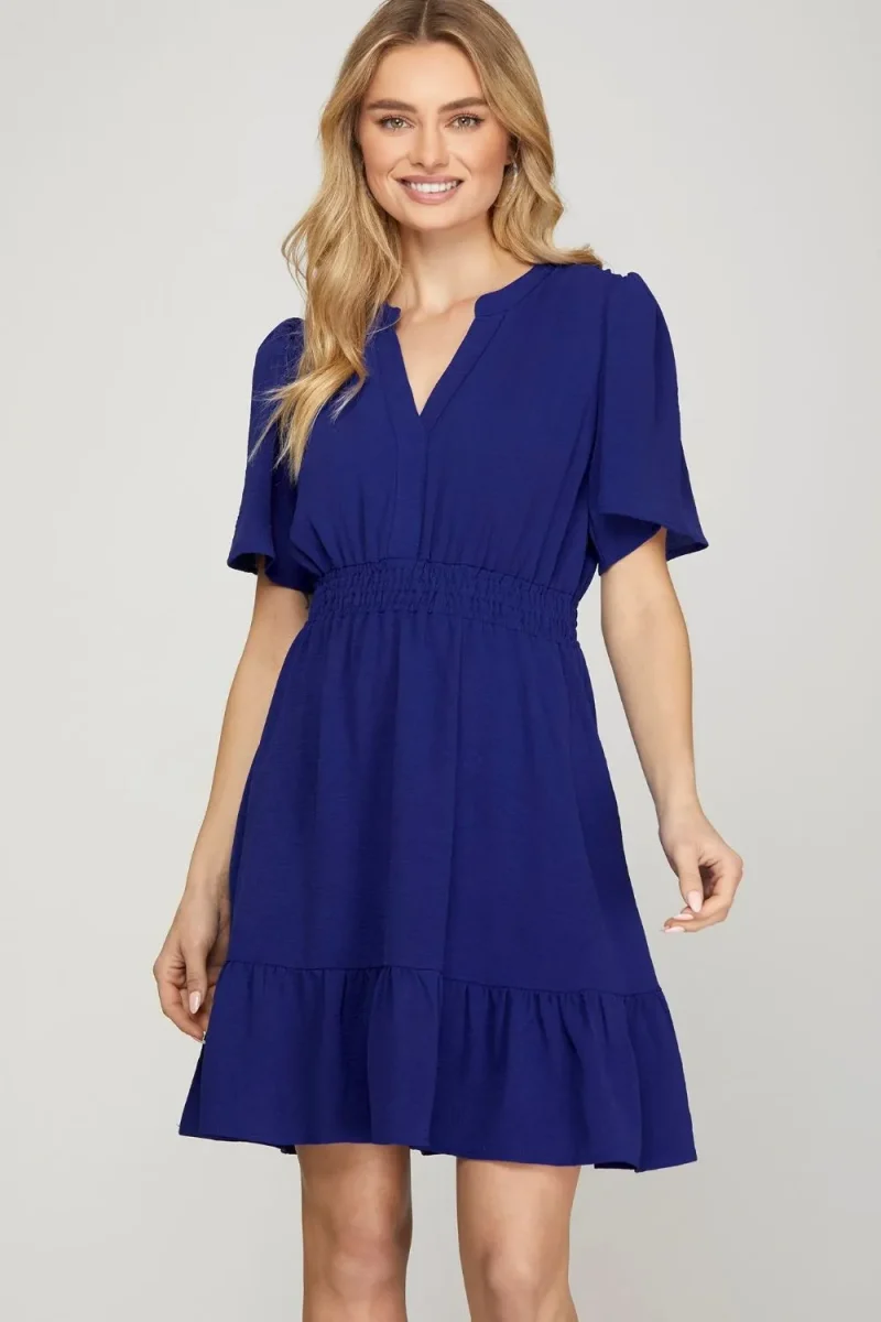 Ruffled Hem Notched Flutter Sleeve Mini Dress - Navy