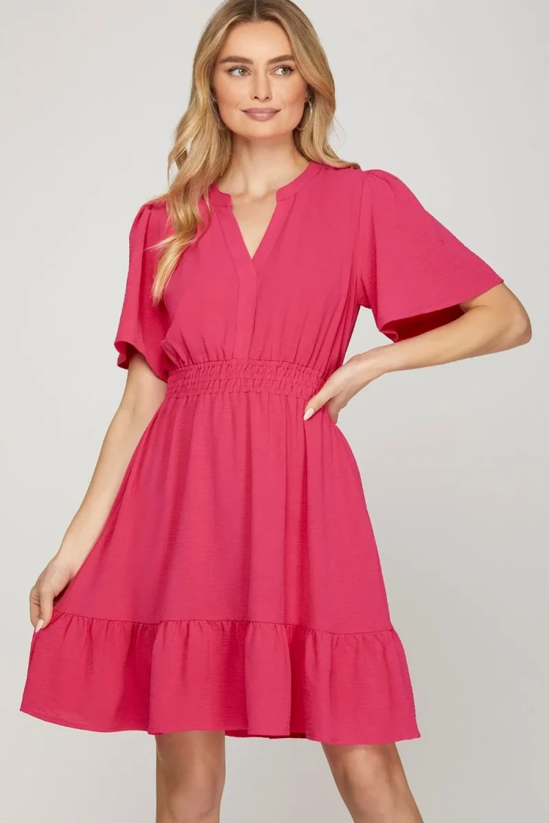 Ruffled Hem Notched Flutter Sleeve Mini Dress - Strawberry