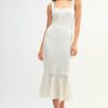 Ruffled Hem Sleeveless Crochet Knit Midi Dress - Off White