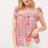 Ruffled Neck Tied Strap Boho Printed Swing Top - Red Multi
