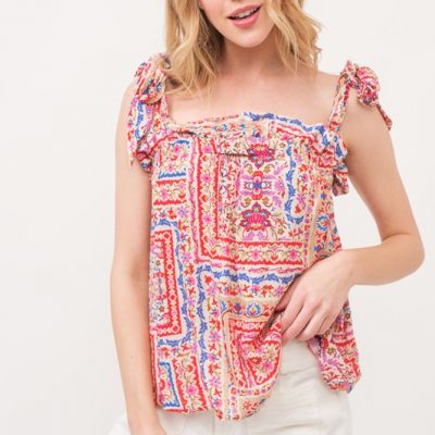 Ruffled Neck Tied Strap Boho Printed Swing Top - Red Multi