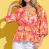 Ruffled Printed Puff Sleeve Blouse - Orange