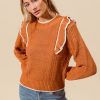 Ruffled Round Neck Cable Knit Top - Rust/Ivory
