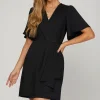 Ruffled Surplice Short Flutter Sleeve Mini Dress - Black