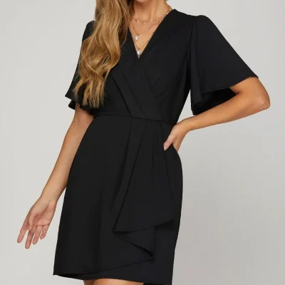 Ruffled Surplice Short Flutter Sleeve Mini Dress - Black
