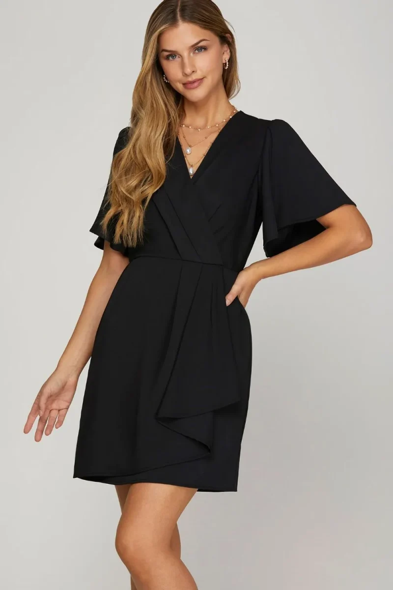 Ruffled Surplice Short Flutter Sleeve Mini Dress - Black