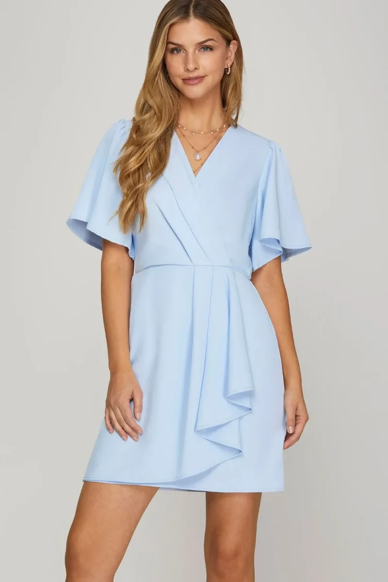 Ruffled Surplice Short Flutter Sleeve Mini Dress - Light Blue