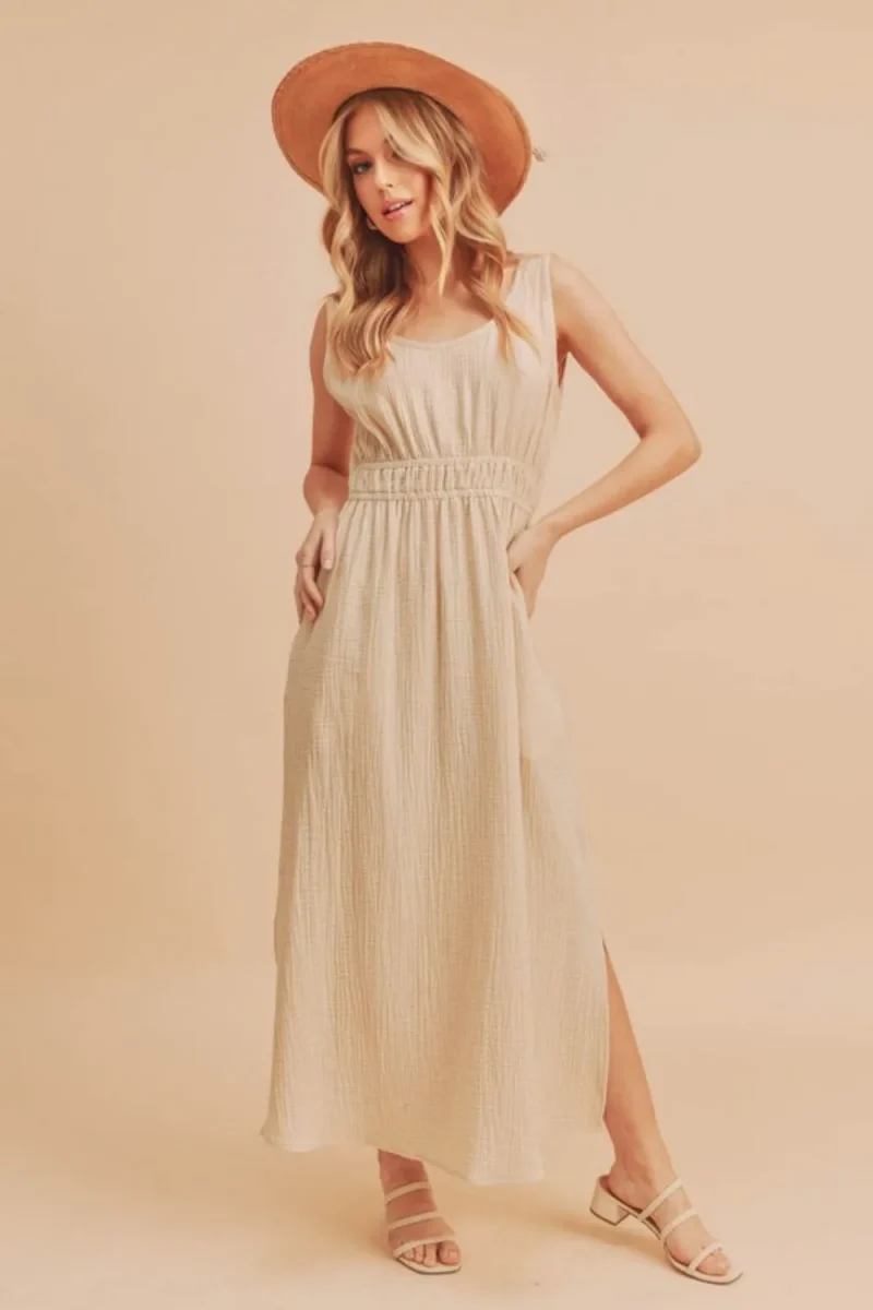 Side Slit Round Neck Sleeveless Tank Dress - Oatmeal