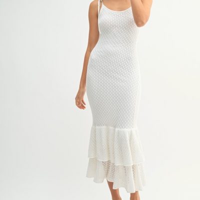 Sleeveless Shoulder Tie Rose Knit Midi Dress - Off White