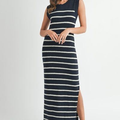 Sleeveless Stripe Sweater Maxi Side Slit Dress - Navy