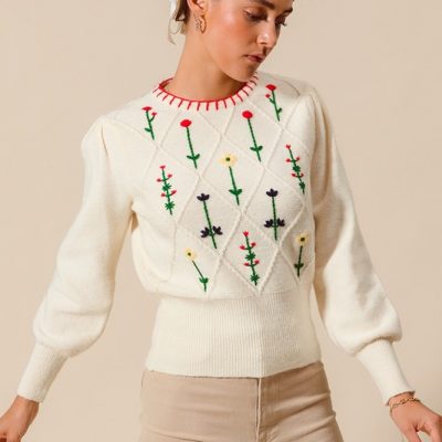 Small Flower Embroidered Sweater Top - Ivory