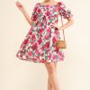 Smocked Floral Ruffle Short Sleeve Mini Dress - Fuchsia