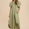 Smocked Puff Sleeve Midi Dress - Desert Sage