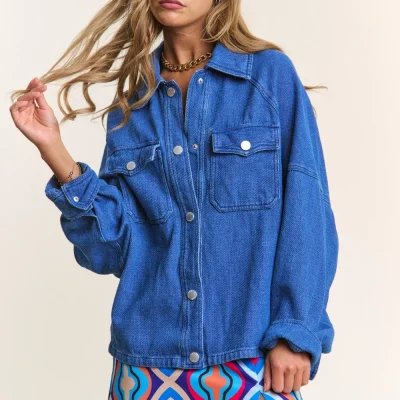 Snap Down Long Sleeve Denim Shacket - Dark Denim