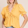 Solid Ruffled Deep V-Neck Puff Sleeve Babydoll Top - Mango