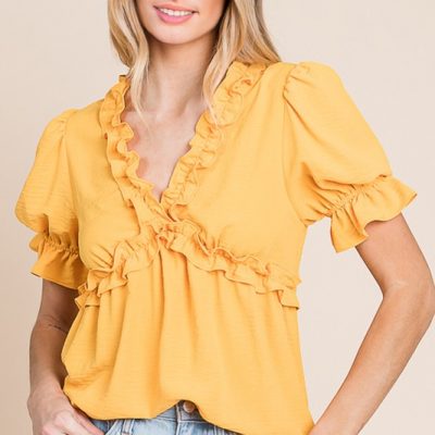Solid Ruffled Deep V-Neck Puff Sleeve Babydoll Top - Mango
