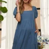 Square Neck Puff Sleeve Denim Dress -  Peacock  Blue