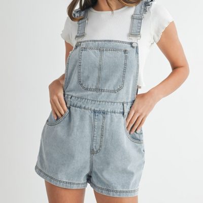 Square Neck Ruffle Shoulder Denim Overall Romper - Lt Denim