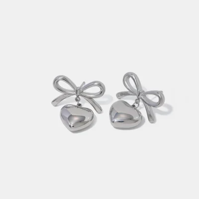 Stainless Steel Bow & Heart Drop Earrings - Silver