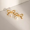 Stainless Steel Bow Pearl Earrings - Gold