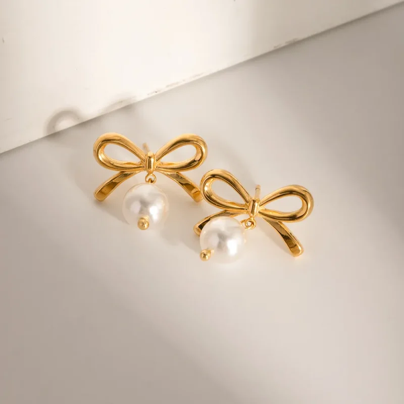 Stainless Steel Bow Pearl Earrings - Gold