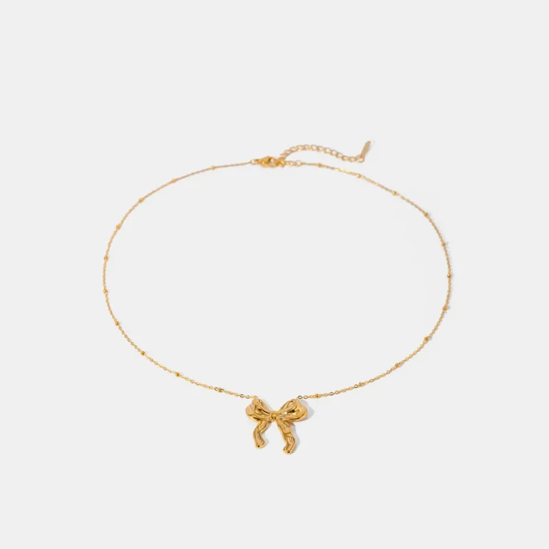 Stainless Steel Bow Pendant Necklace - Gold