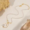 Stainless Steel Bow Pendant Necklace with Pearls - Gold