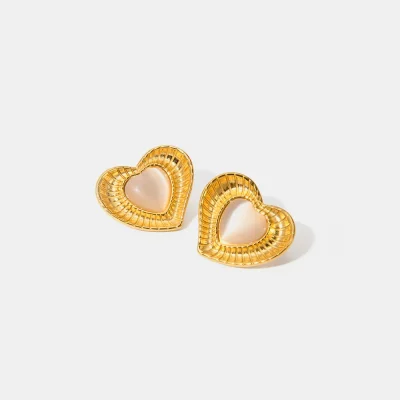 Stainless Steel Cat's Eye Stone Heart Earrings - Gold