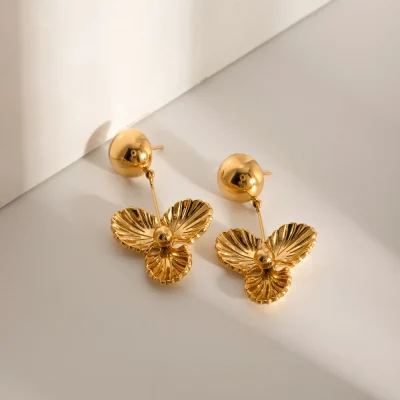 Stainless Steel Flower Dangle Earrings - Gold