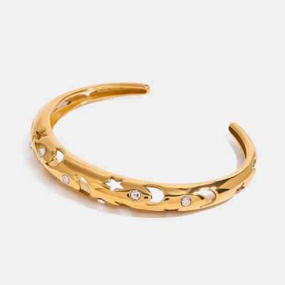 Stainless Steel Inlaid Rhinestone Cutout Bracelet - Gold