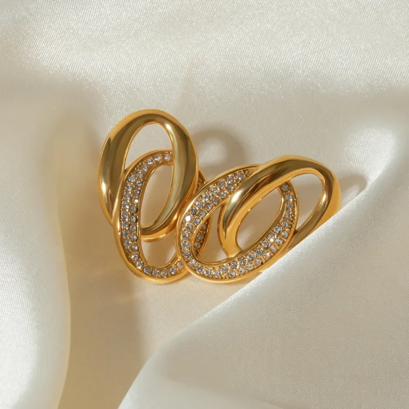 Stainless Steel Inlaid Rhinestone Double-Hoop Earrings - Gold