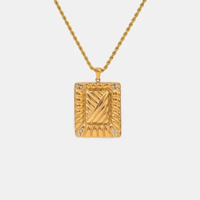 Stainless Steel Inlaid Rhinestone Rectangle Shape Pendant Necklace - Gold