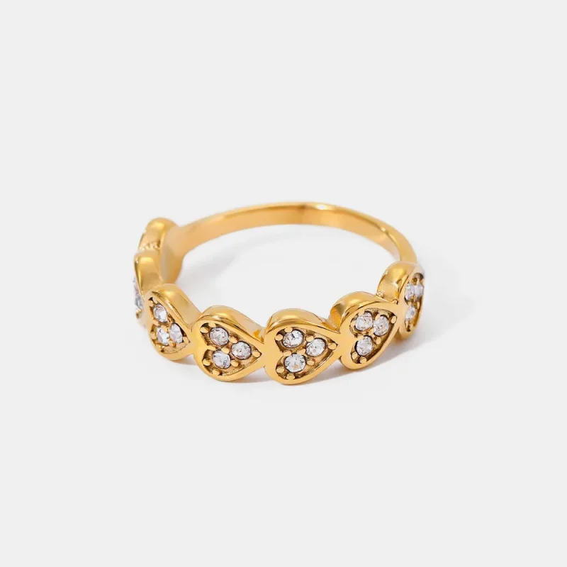 Stainless Steel Inlaid Zircon Heart Ring - Gold