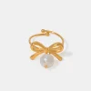 Stainless Steel Pearl Bow Ring - Gold