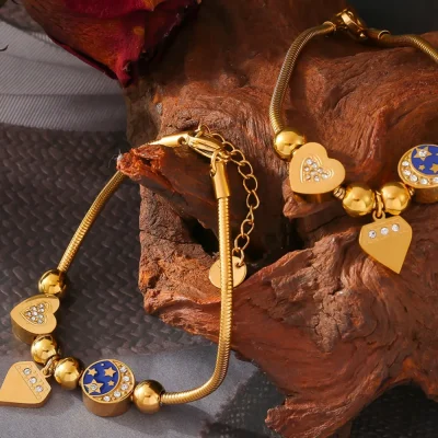 Stainless Steel Rhinestone Charm Bracelet - Gold